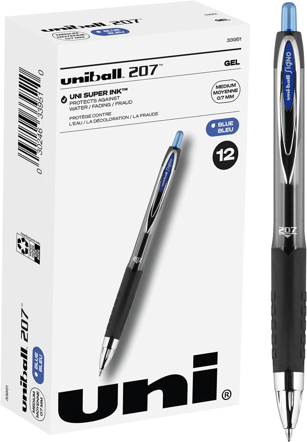 Uniball Signo 207 Gel Pens, 0.7mm Medium Blue, 12 Pack - Smooth Writing Office Supplies