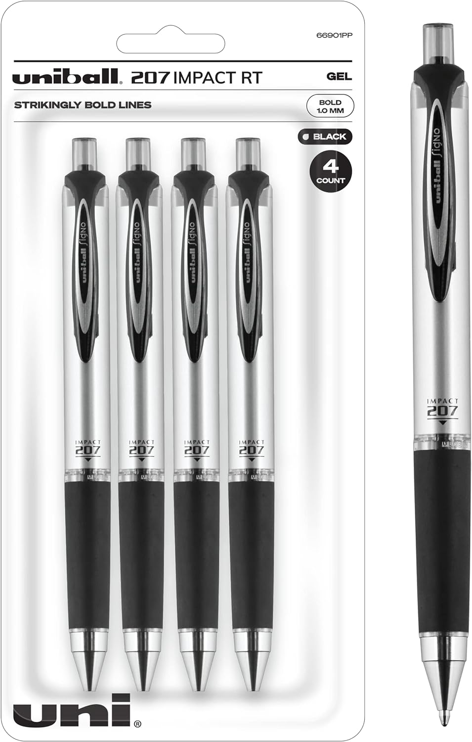 Uniball Signo 207 Impact RT Retractable Gel Pen, 4 Black Pens, 1.0mm Bold Point Gel Pens| Office Supplies by Uni-ball like Ink Pens, Colored Pens, Fine Point, Smooth Writing Pens, Ballpoint Pens