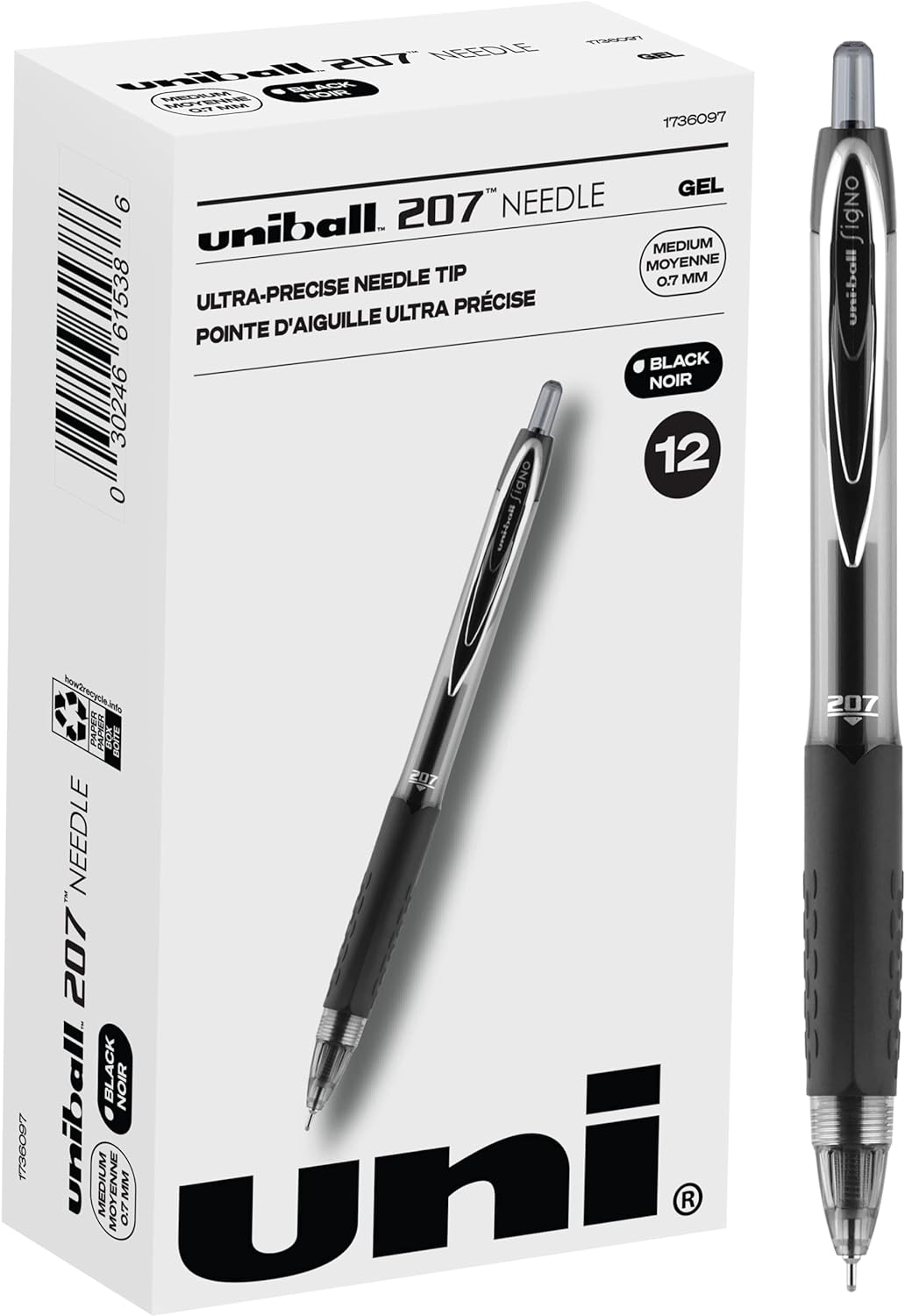 Uniball Signo 207 Gel Pens, 12 Pack - Medium Point, Black Ink, Smooth Writing, Bulk Office Supplies