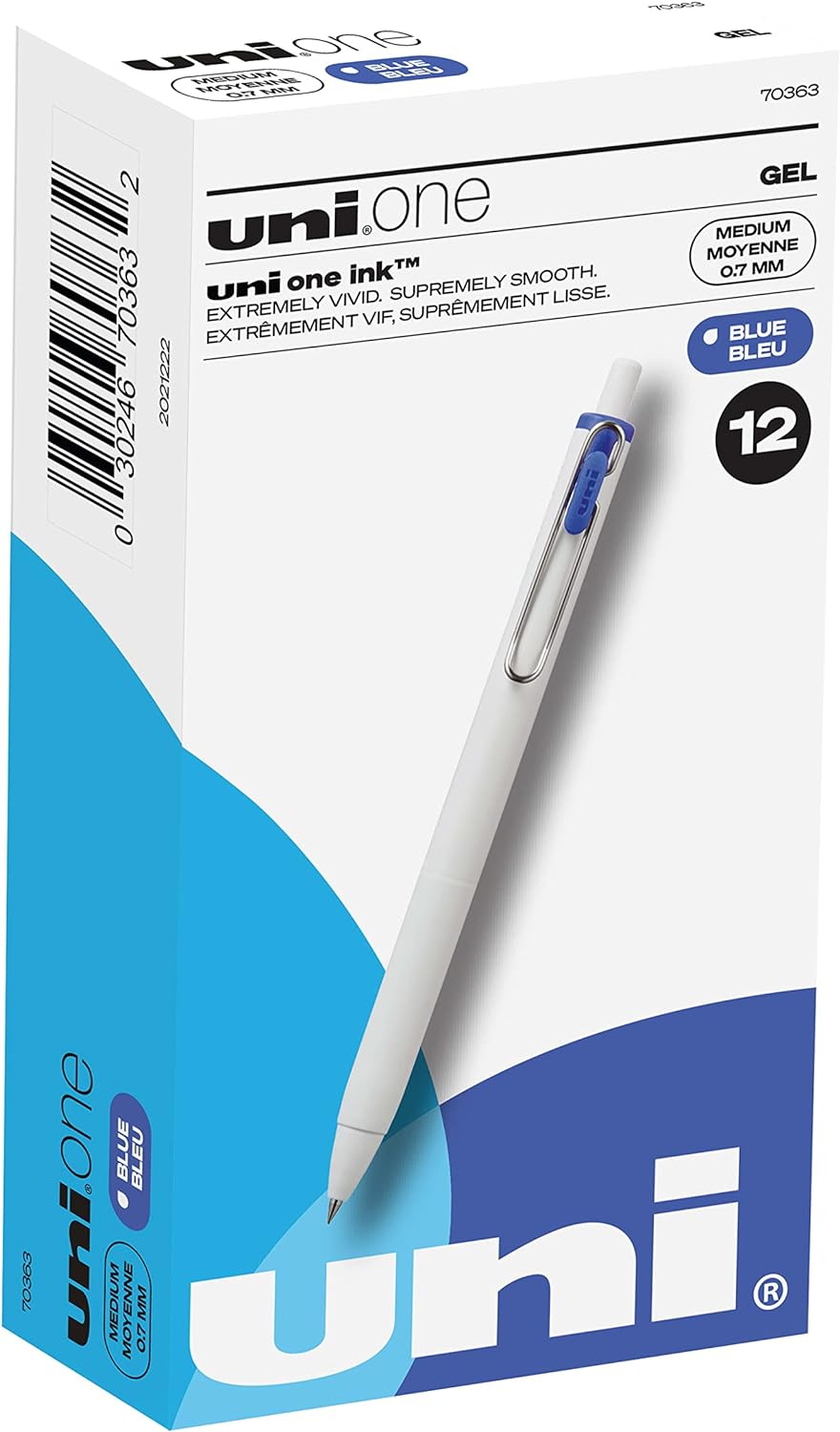 Uniball One Gel Pen, 12 Blue Pens, Medium Point 0.7 mm Gel Pens, Fine Point, Smooth Writing Pens, Home Office Supplies by Uni-ball, Colored Pens, Ink Pens, Ballpoint Pens, Bulk Pens for Journaling