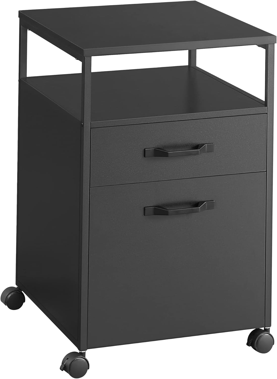 VASAGLE Mobile Cabinet with Wheels, 2 Drawers, Open Shelf, for A4, Letter Size, Hanging File Folders, 17.3D x 16.5W x 26.2H, Black