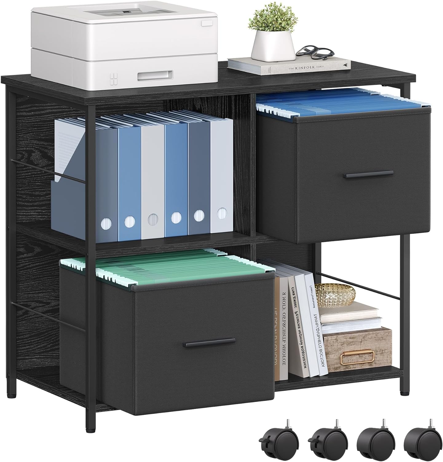 VASAGLE File Cabinet with 2 Drawers, Bookcase, Cube Storage Shelf, Printer Stand, for A4, Letter-Size Files, Hanging File Folders, Home Office, Ebony Black UOFC057B56