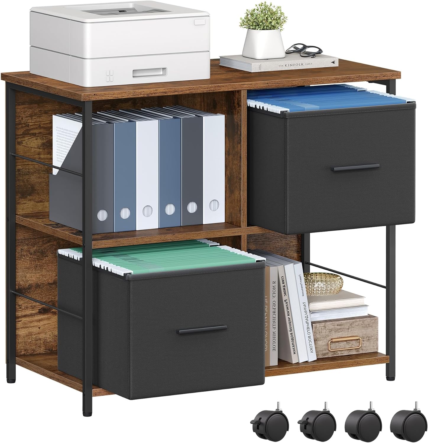 VASAGLE File Cabinet with 2 Drawers, Bookcase, Cube Storage Shelf, Printer Stand, for A4, Letter-Size Files, Hanging File Folders, Home Office, Rustic Brown and Ink Black UOFC057B01