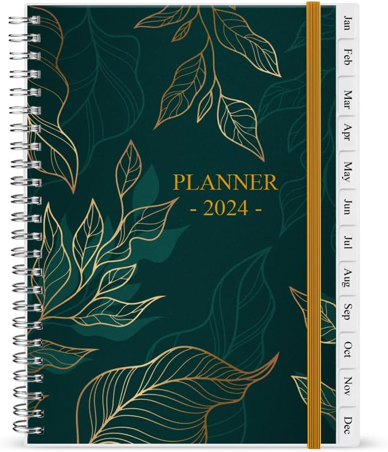 2024 Weekly & Monthly Planner - 2024 Planner & Organizer Notebook to Track Goals, Easy to Organize Your Daily Life, Medium 6.5 x 8.5Gold Leaf