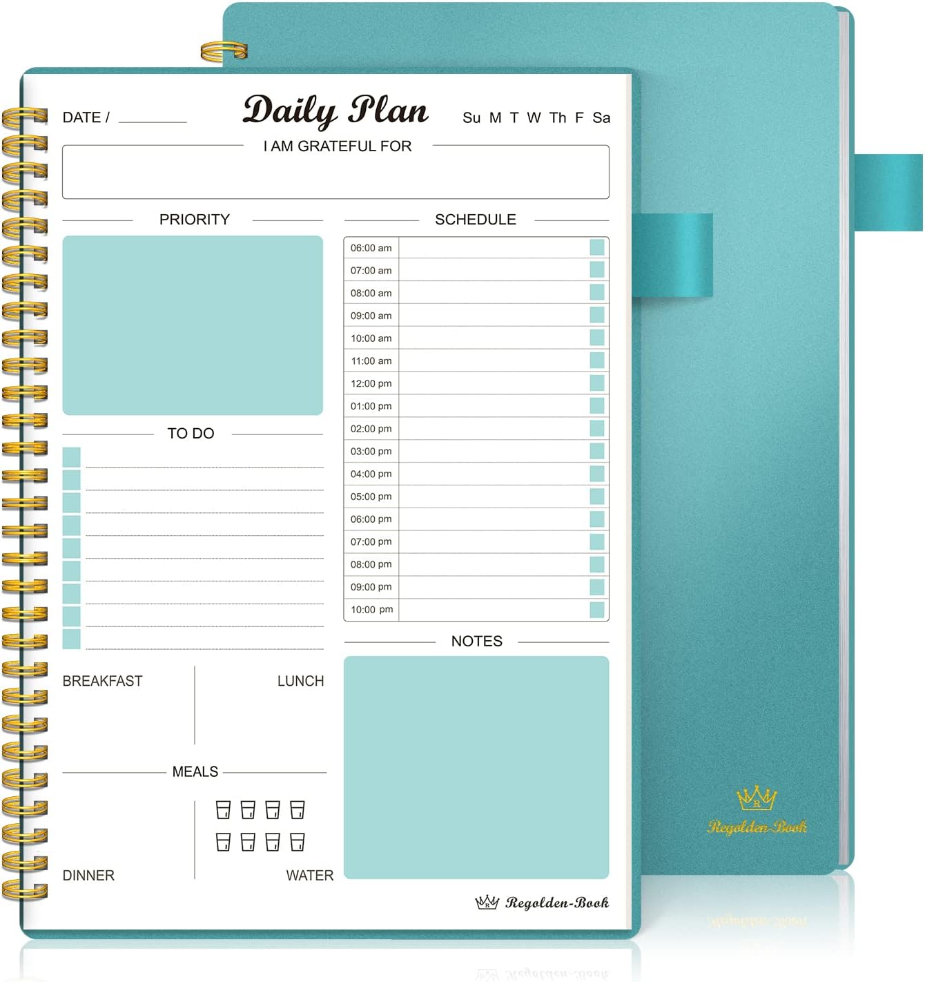 Daily Planner Undated, To Do List Notebook with Hourly Schedule Calendars Meal, Spiral Appointment Organizers Notebook for Man/Women, Pocket,Pen Loop, 160 Pages (7x10)