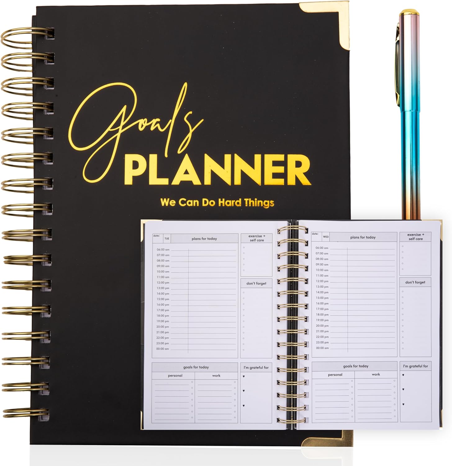 Quinn Essentials Goal Planner- Luxurious Undated Planner for Men and Women- Updated Goals Journal with Pen and 2024 Calendar- Black and Gold Spiral Bound Planner with Inner Pocket - 208 Pages - A5.