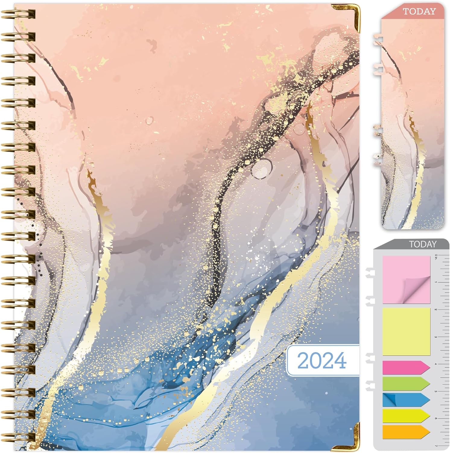 HARDCOVER 2024 Planner: (November 2023 Through December 2024) 8.5x11 Daily Weekly Monthly Planner Yearly Agenda. Bookmark, Pocket Folder and Sticky Note Set (Colorful Marble)