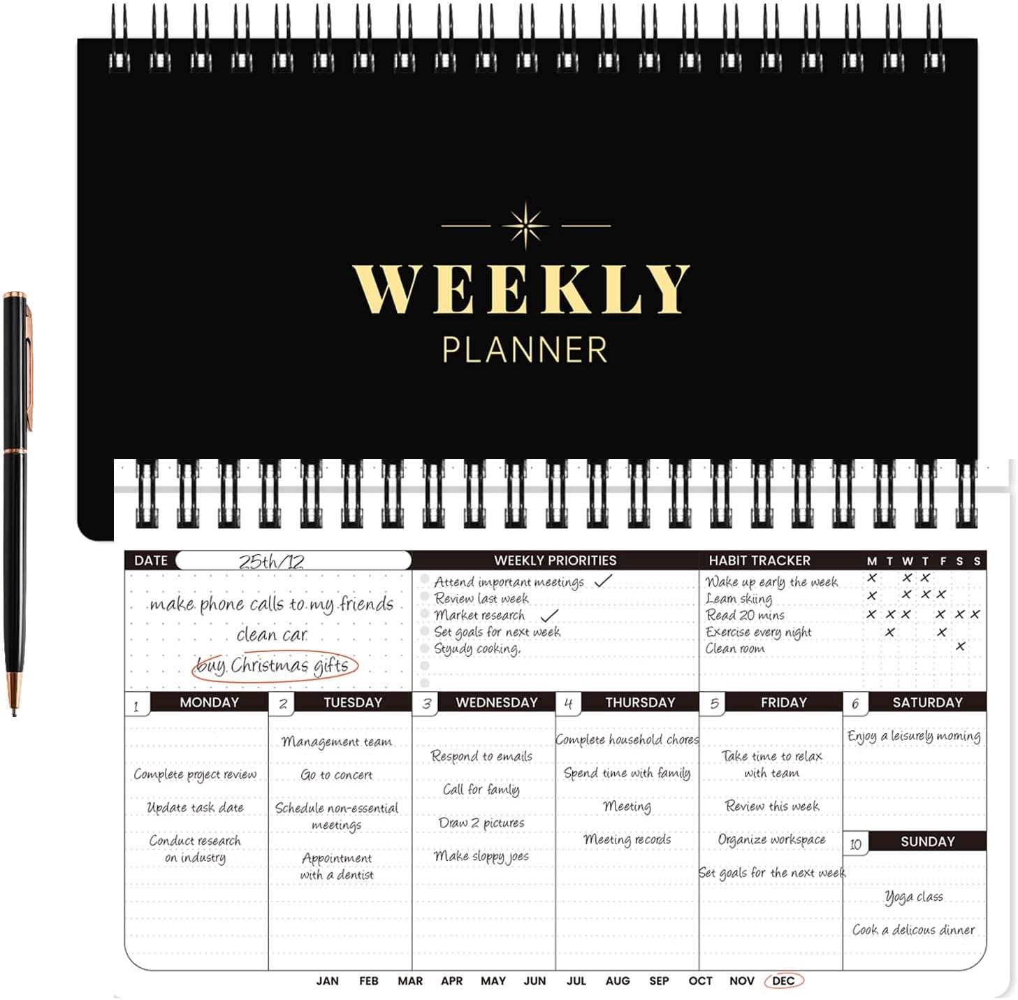 2024 Weekly Planner - 2024 Planner Undated, Weekly To Do List, Planner Daily Weekly and Monthly, Goals Scheduled Planner with Habit Tracker, Spiral Bound, 55 Weeks, 6.3''x11.2'' - Black