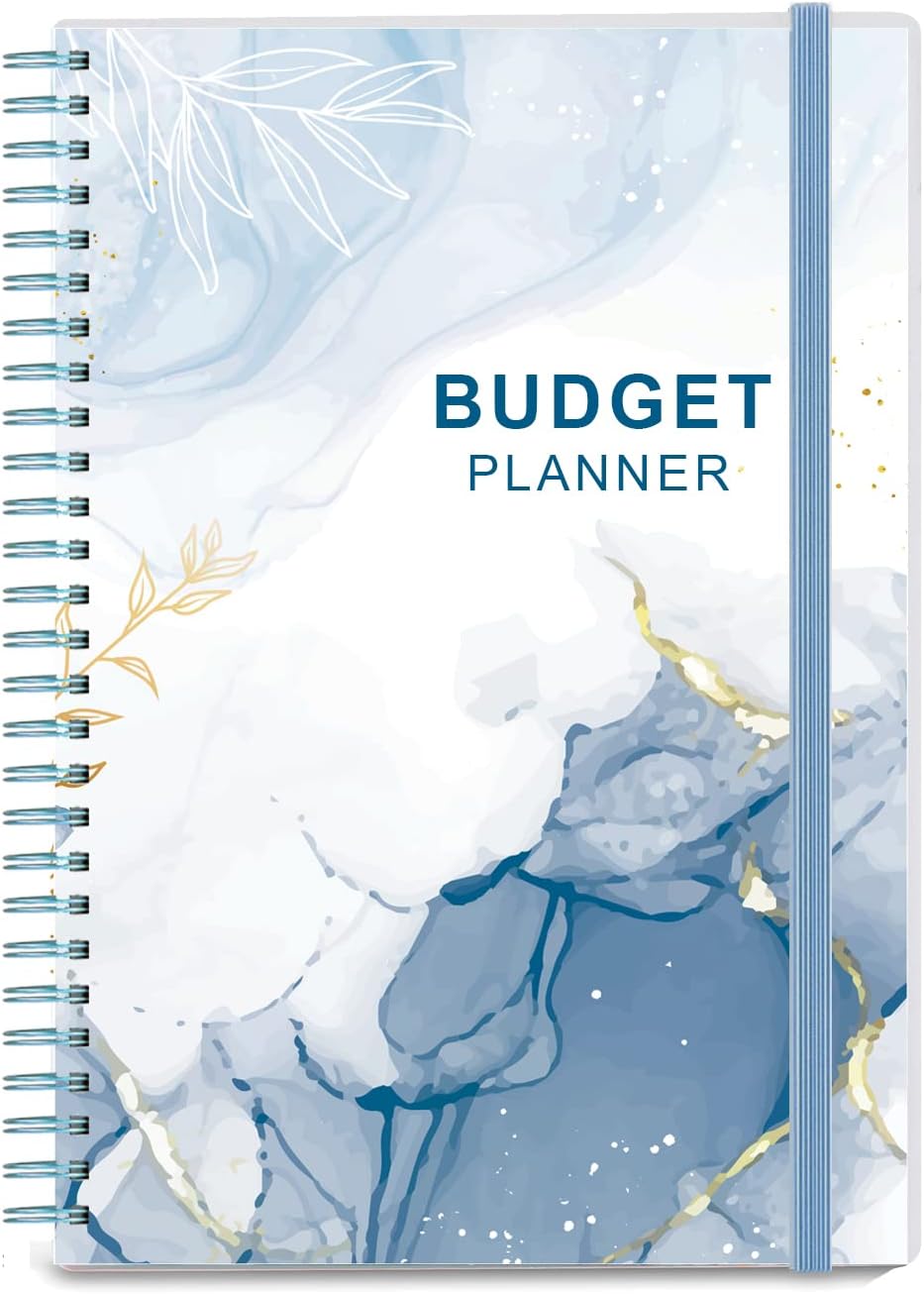 Budget Planner & Monthly Bill Organizer with Pockets. Expense Tracker Notebook, Budgeting Journal and Financial Planner Budget Book to Control Your Money, PP Cover, 8 x 9.5  Blue Watercolor