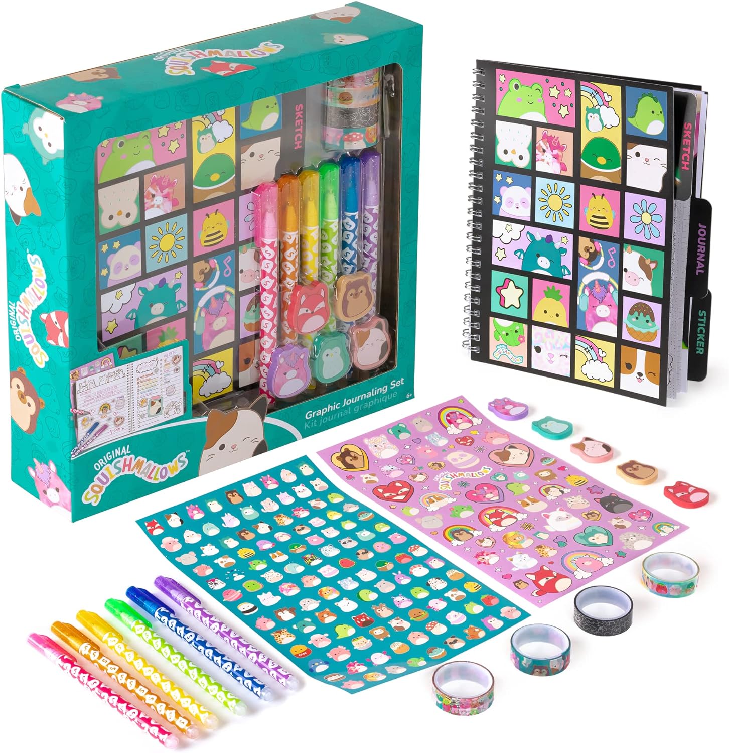 Fashion Angels Squishmallows Journal Set - Includes Activity Journal, Squishmallows Stickers, Erasers, 6 Gel Pens and More- Join The Squish Squad - Cute Stationery - Ages 6 and Up