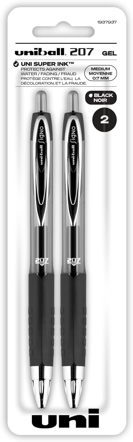 Black Retractable Gel Pens 2 Pack with Medium Points, Uni-Ball 207 Signo Click Pens are Fraud Proof and the Best Office Pens, Nursing Pens, Business Pens, School Pens, and Bible Pens