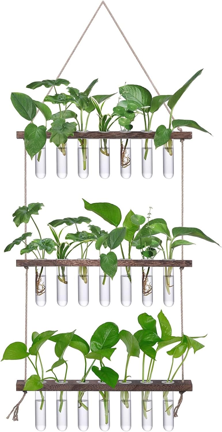 XXXFLOWER Wall Hanging Propagation Station with Wooden Stand 21 Glass Test Tubes 3 Tiered Planters Wall Terrarium for Home Office Plant Hanger Flower Vases Wall Decor Hydroponic Cuttings Brown