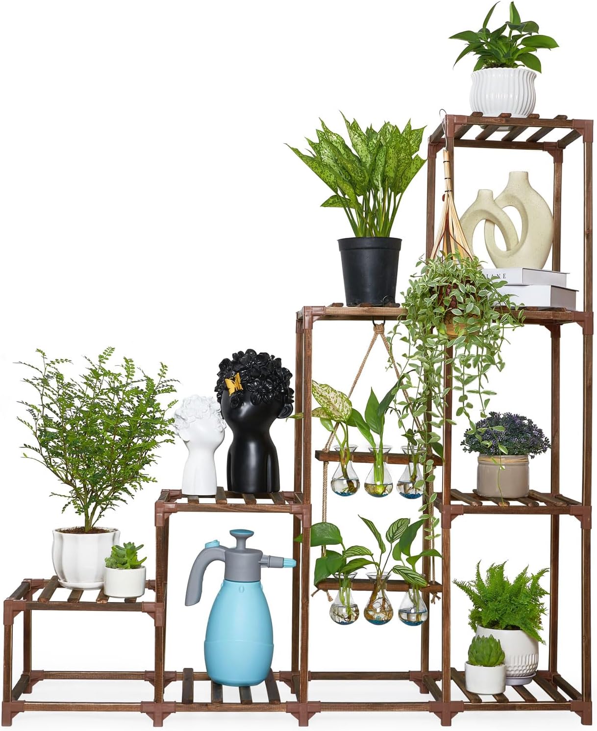 XXXFLOWER Plant Stand Indoor Outdoor Wood Plant Shelf for Multiple Plants Large Plant Rack for Window Garden Balcony Patio Porch Living Room (Brown-8 Potted)