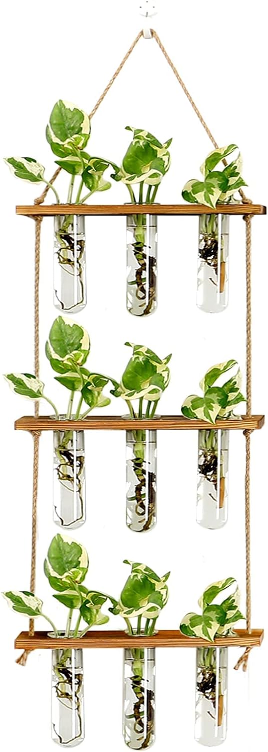 XXXFLOWER Wall Hanging Propagation Station with Wooden Stand Glass Test Tubes Tiered Planters Wall Terrarium for Home Office Plant Hanger Flower Vases Wall Decor Hydroponic Cuttings (9 Tube Vases)