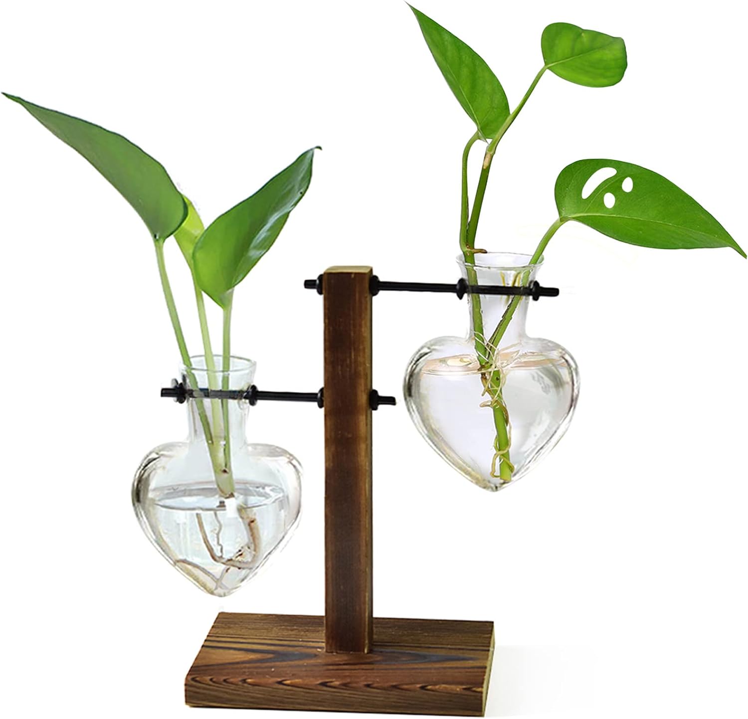 XXXFLOWER Plant Terrarium Wooden Stand, Hydroponic Planter Bulb Glass Metal Swivel Holder Retro Air Plants Water Plants for Home Office Decoration, Plant Lover Gifts - 2 Love Bulb Vase