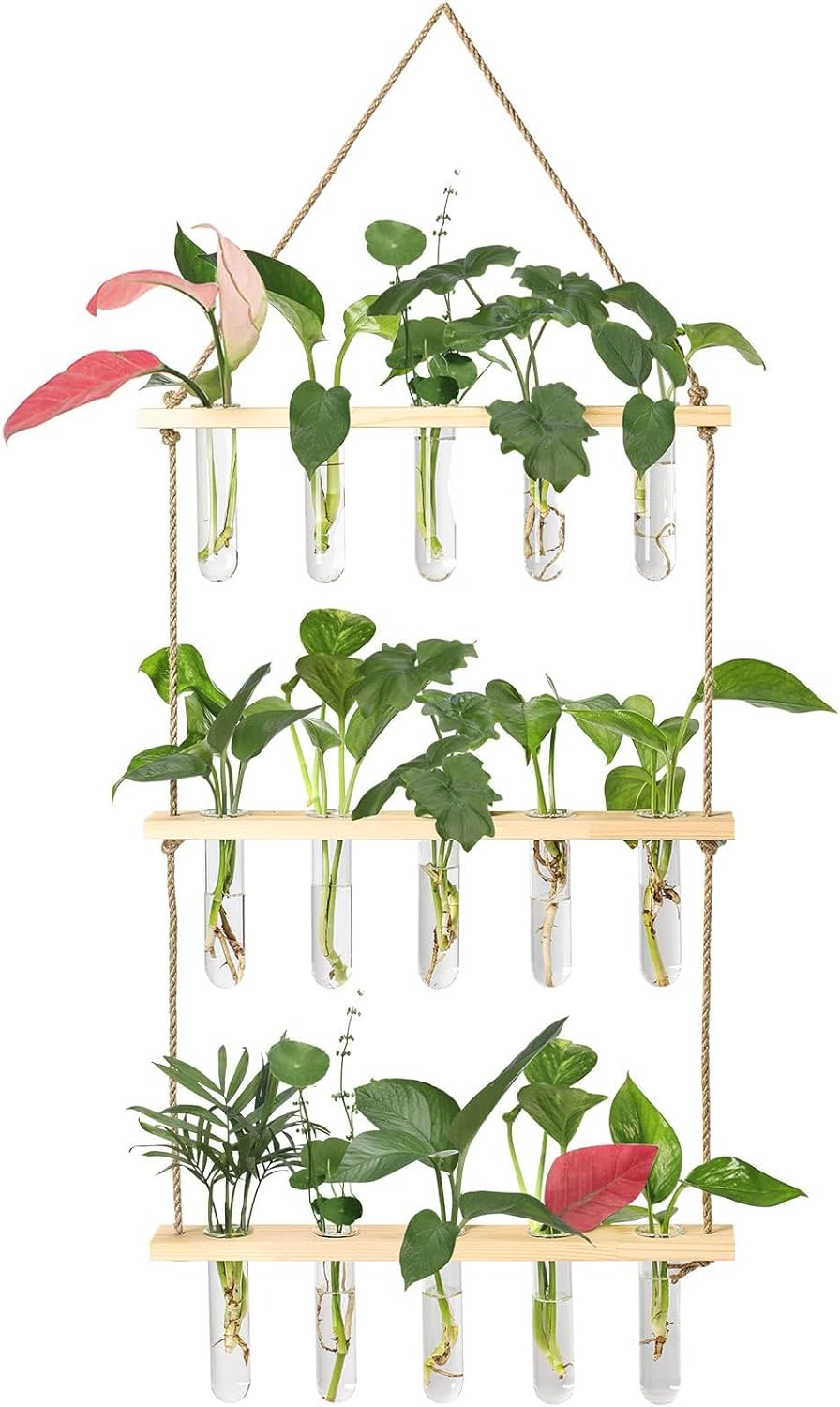 XXXFLOWER Wall Hanging Propagation Station with Wooden Stand 5 Glass Test Tubes 3 Tiered Planters Wall Terrarium for Home Office Plant Hanger Flower Vases Wall Decor Hydroponic Cuttings Beige