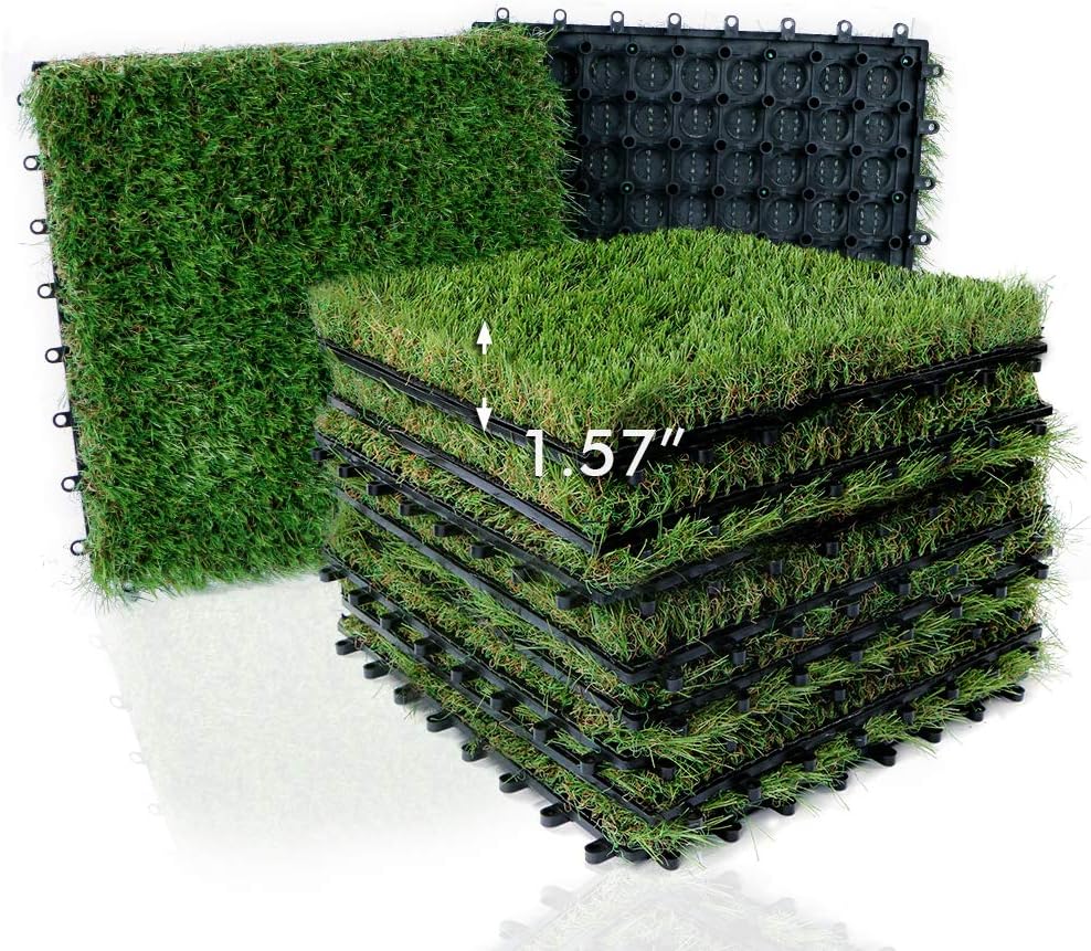 XLX TURF Artificial Grass Tiles Interlocking Turf Deck Set 9 Pack - 12x12 Synthetic Fake Grass Self-draining Mat Flooring Decor Pad for Dog Pet Indoor Outdoor