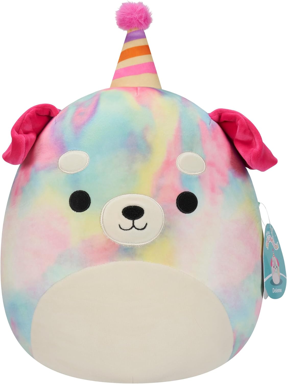 Squishmallows Original 12-Inch Delenne Rainbow Tie-Dye Dog with Party Hat - Official Jazwares Plush