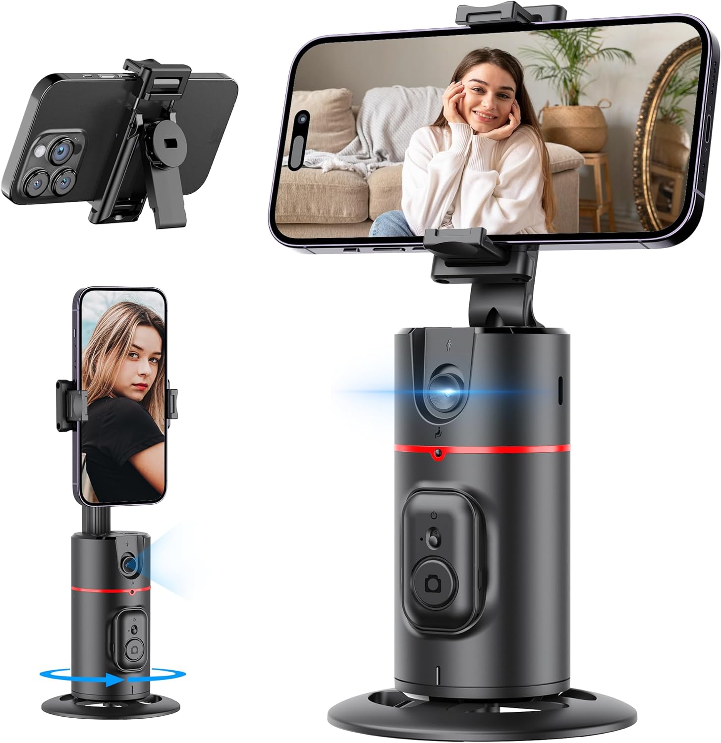 Auto Face Tracking Tripod, No App, Smart Shooting Phone Holder with Remote, 360 Rotation Body Phone Camera Mount Extendable Body Smart Tracking Tripod for Vlog/TIK Tok, Rechargeable Battery (Black)