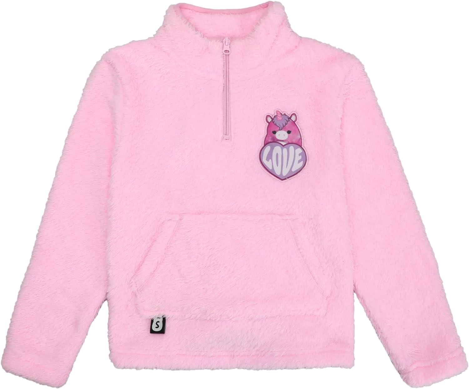 Bioworld Squshmallows Lola The Unicorn Patch Long Sleeve Pink Youth Girl' Faux Shearling Quarter Zip Pullover