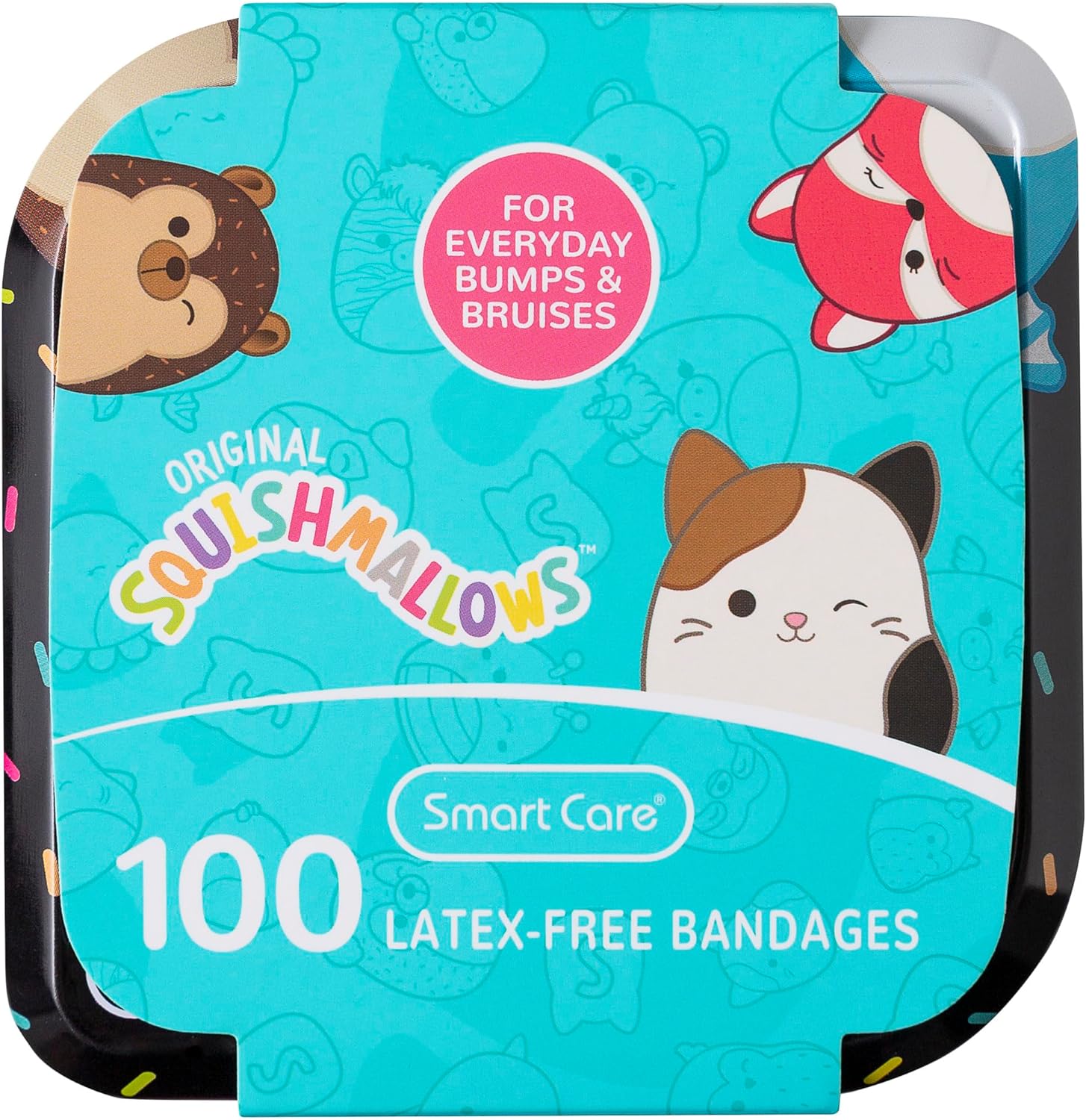 Smart Care Squishmallow Latex-Free Bandages, Assorted Bandages with Tin Case, 100CT