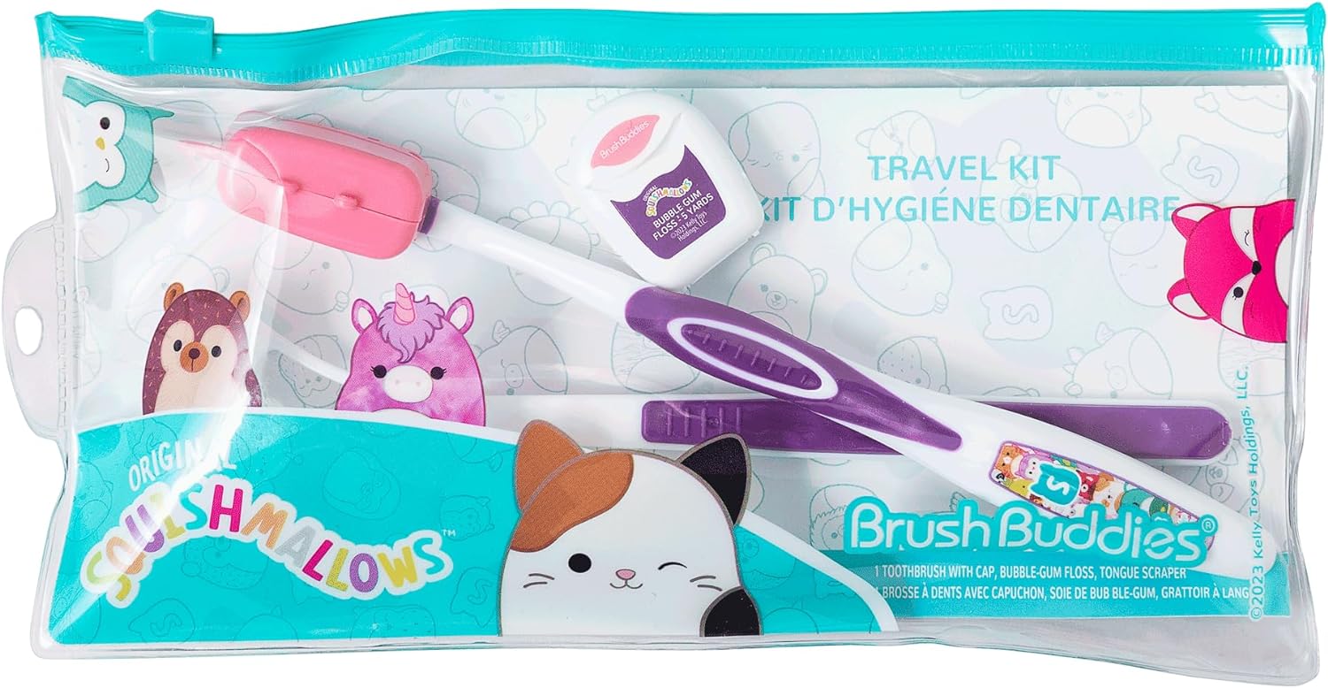 Brush Buddies Squishmallows Toothbrush Travel Kit, Dental Kit with Toothbrush, Tongue Scraper, and Floss