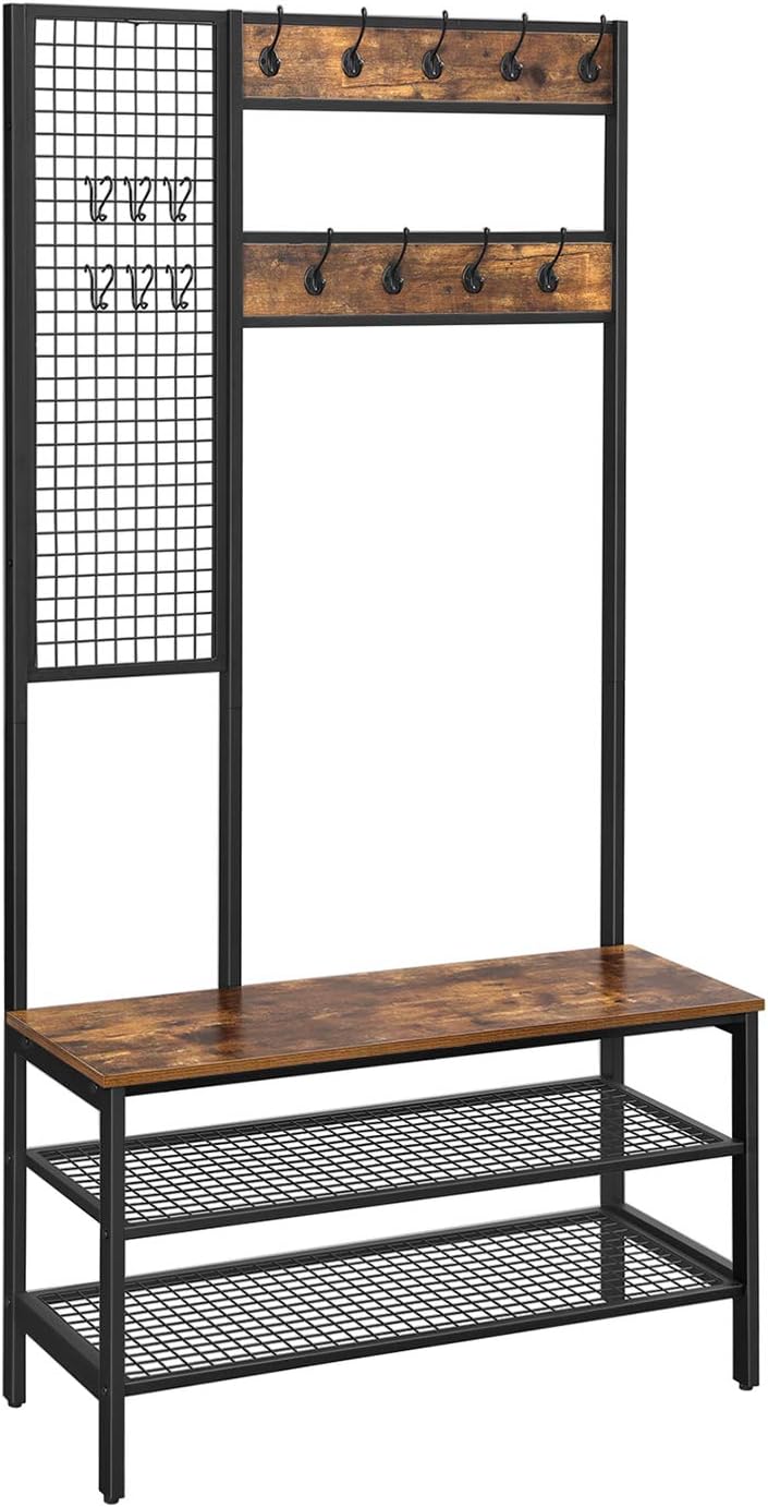 VASAGLE ALINRU Hall Tree, Coat Rack, Coat Stand with Grid Wall, Shoe Rack, 2 Mesh Shelves, 15 Hooks, 72.8-Inch Tall, Large Storage Space, Easy to Assemble, Industrial Style, Rustic Brown UHSR98BX