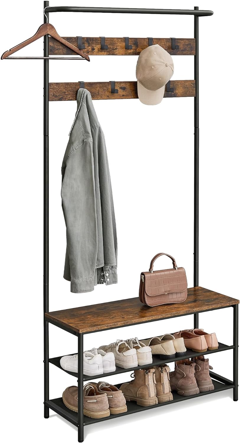 VASAGLE Coat Rack with Shoe Storage, Hall Tree, Coat Stand with Shoe Bench for Hallway, 9 Movable Hooks, Top Bar, 12.7 x 33 x 35.2 Inches, Bedroom, Industrial, Rustic Brown and Black HSR421B01