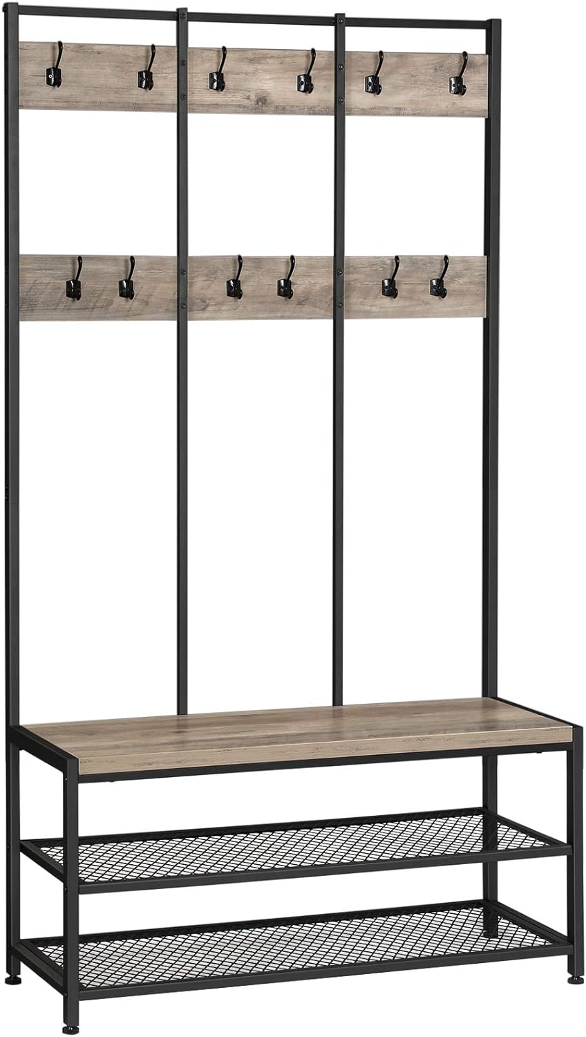 VASAGLE Large Coat Rack Stand, Coat Tree with 12 Hooks and Shoe Bench in Industrial Design, Hall Tree, Multifunctional Hallway Shelf, Office, Bedroom, Greige and Black UHSR086B02