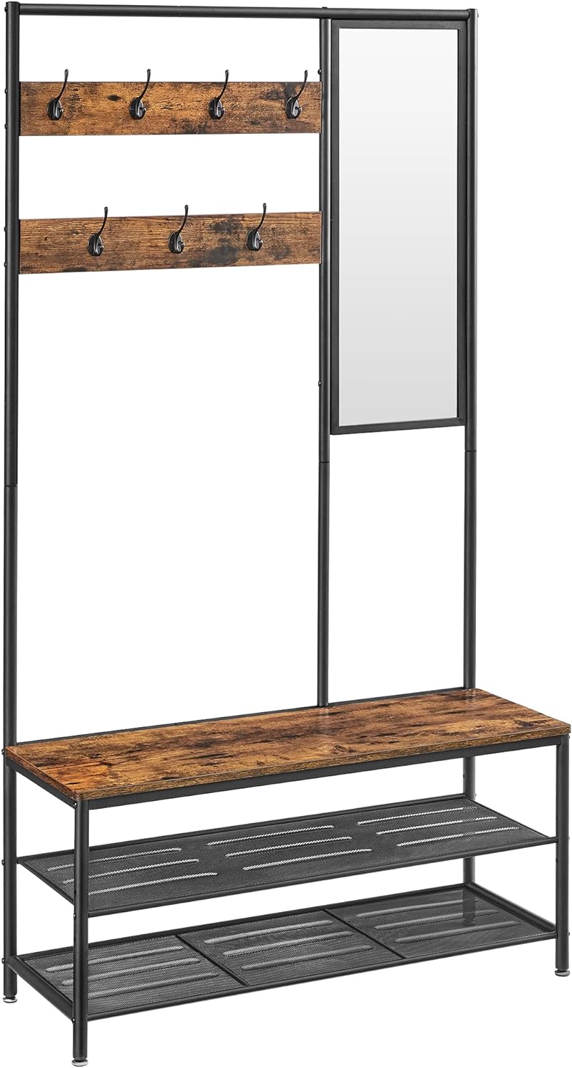 VASAGLE Coat Rack Shoe Bench with Mirror, Hall Tree with Bench and Shoe Storage Shelves, 13.8 x 38.6 x 70.9 in, Bedroom Living Room, Industrial Style, Rustic Brown and Black UHSR415B01