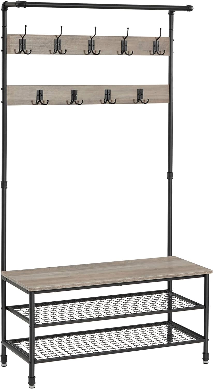 VASAGLE Industrial Coat Shoe Rack Hall Tree with 9 Hooks, Steel Frame Pipe Style, 39.4 x 16.3 x 71.7 inches, Greige