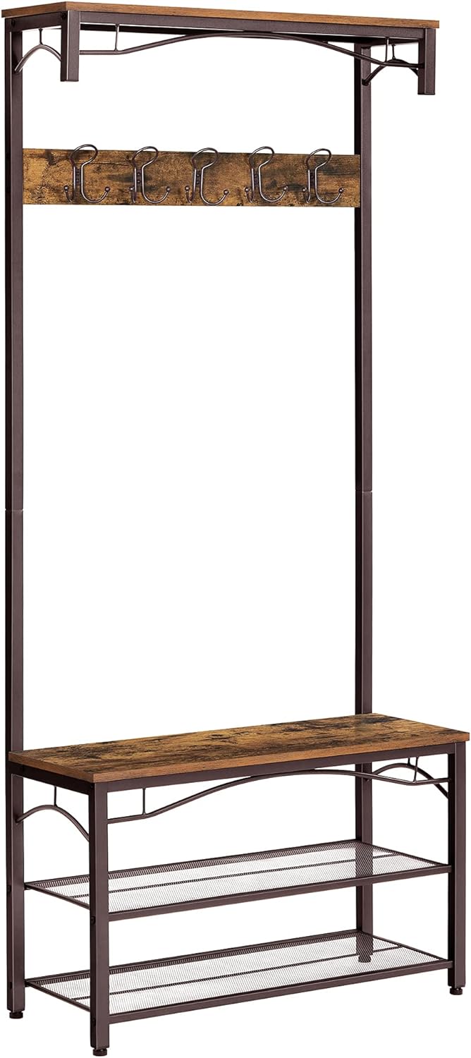 VASAGLE Coat Rack, 3-in-1 Hall Tree, Entryway Shoe Bench Coat Stand, Storage Shelves Accent Furniture Steel Frame Large Size, Industrial, Rustic Brown and Bronze UHSR45AX