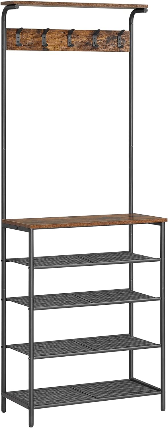 VASAGLE Hall Tree with Shoe Bench, Coat Rack Shoe Bench, 5-Tier Shoe Rack Different Heights, 5 Dual Hooks, Top Shelf, Entryway Organizer, Hallway Bedroom Dorm, Rustic Brown and Black UHSR412B01