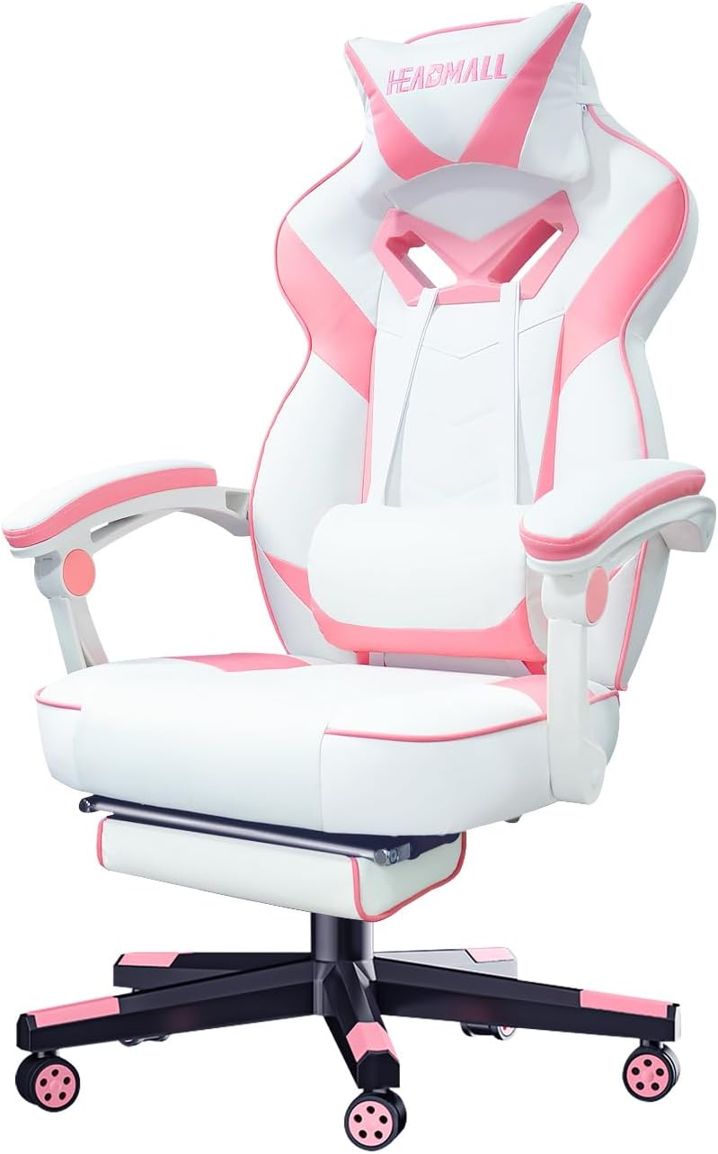 HEADMALL Pink Gaming Chair with Footrest Ergonomic Oversized Manufactured by Listed Company,Video Game Chairs with Lumbar and Head Pillow, for Adults Teens Secret Lab (White & Pink)