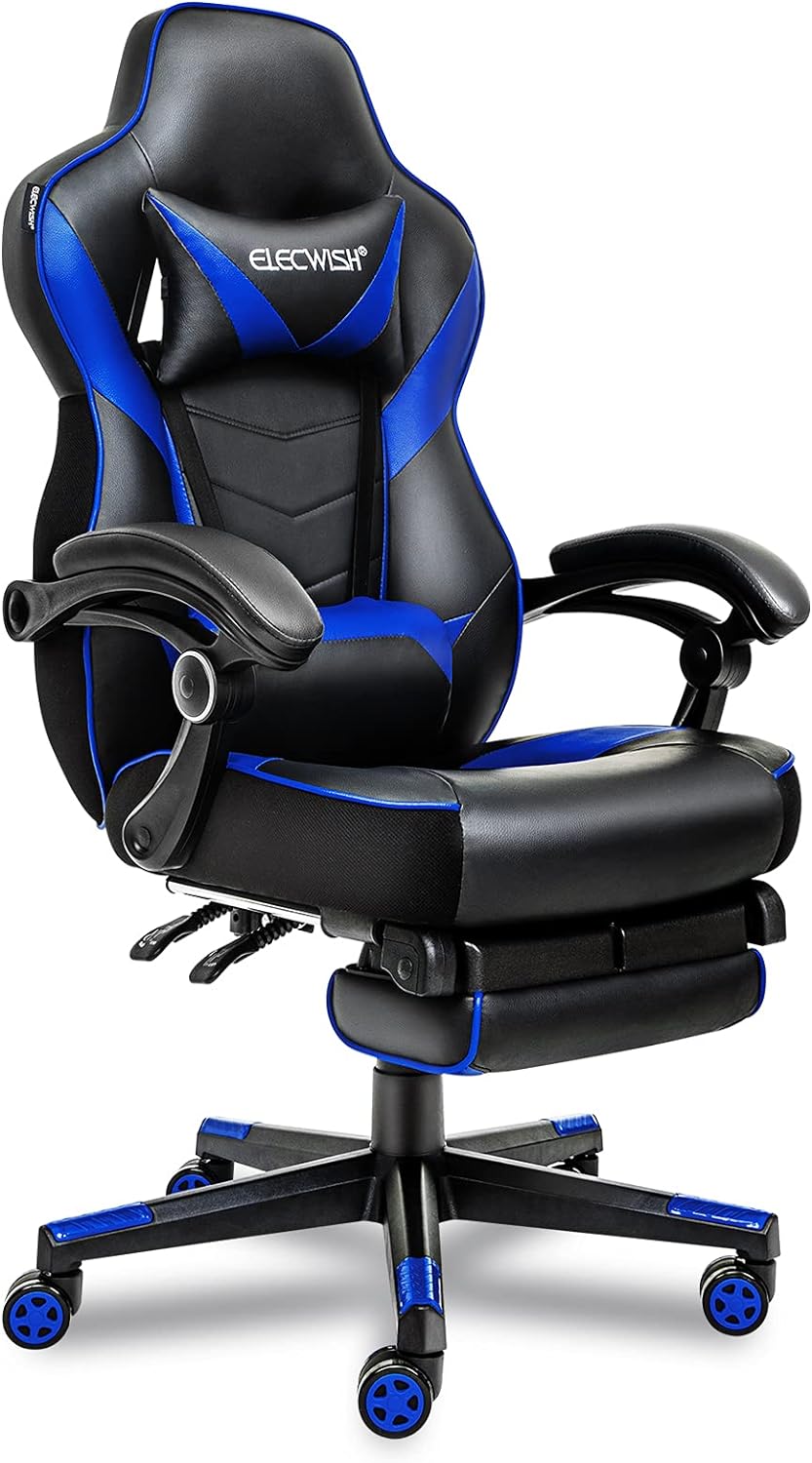 ELECWISH Computer Gaming Chair with Footrest, Reclining Gamer Chair for Adults, Ergonomic High Back Gaming Desk Chair with Lumbar Support, Headrest PU Leather 90-150 Degree Tilt (Blue)