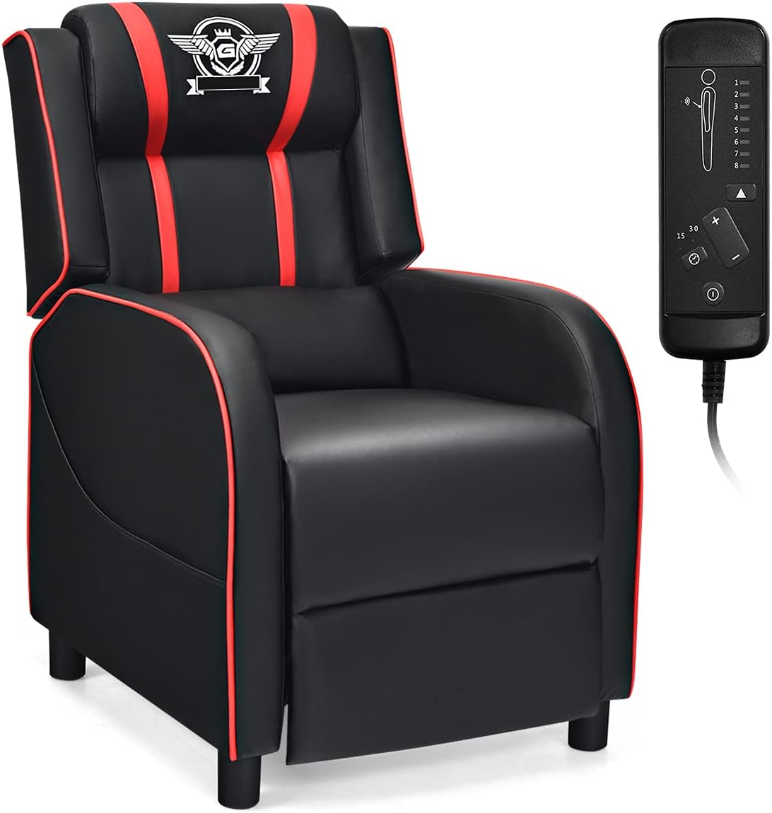 Giantex Gaming Recliner Chair, Racing Style Single Recliner Sofa w/Massage, Adjustable PU Leather Video Game Chair Home Theater Seat for Living Room Game & Recreation Room (Red)