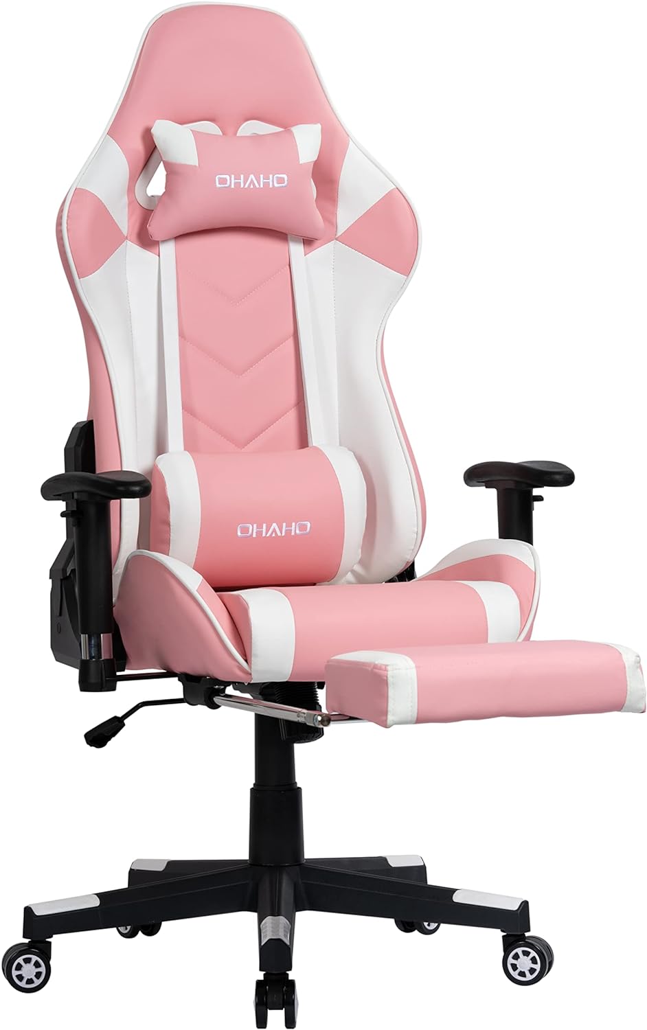 OHAHO Gaming Chair Racing Style Office Chair Adjustable Massage Lumbar Cushion Swivel Rocker Recliner High Back Ergonomic Computer Desk Chair with Retractable Arms and Footrest (Pink/White)