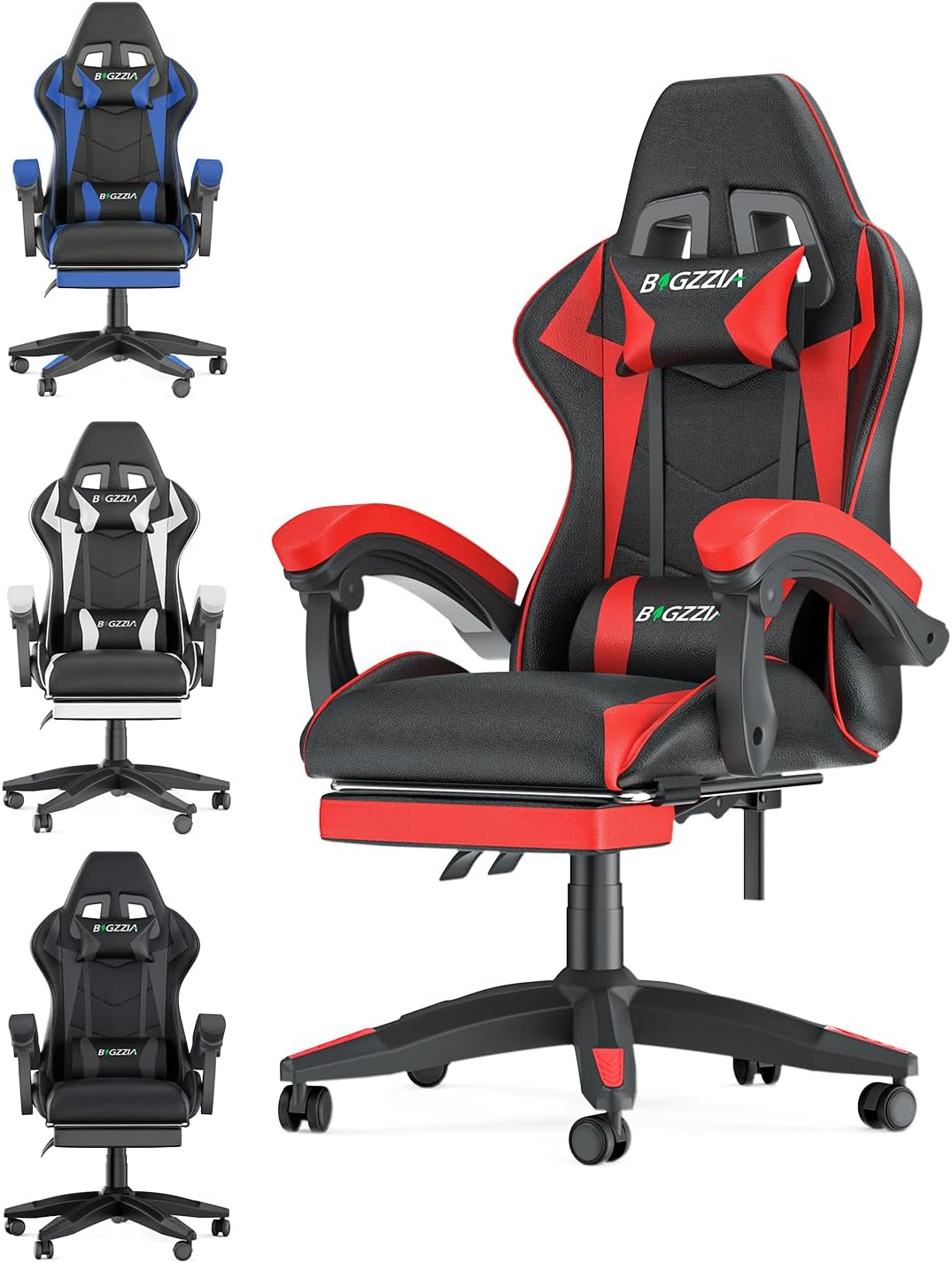 Bigzzia Gaming Chair with Footrest Office Desk Chair Ergonomic Gaming Chair PU Leather Reclining High Back Adjustable Swivel Lumbar Support Racing Style E-Sports Video Gamer Chairs (Black/Red)