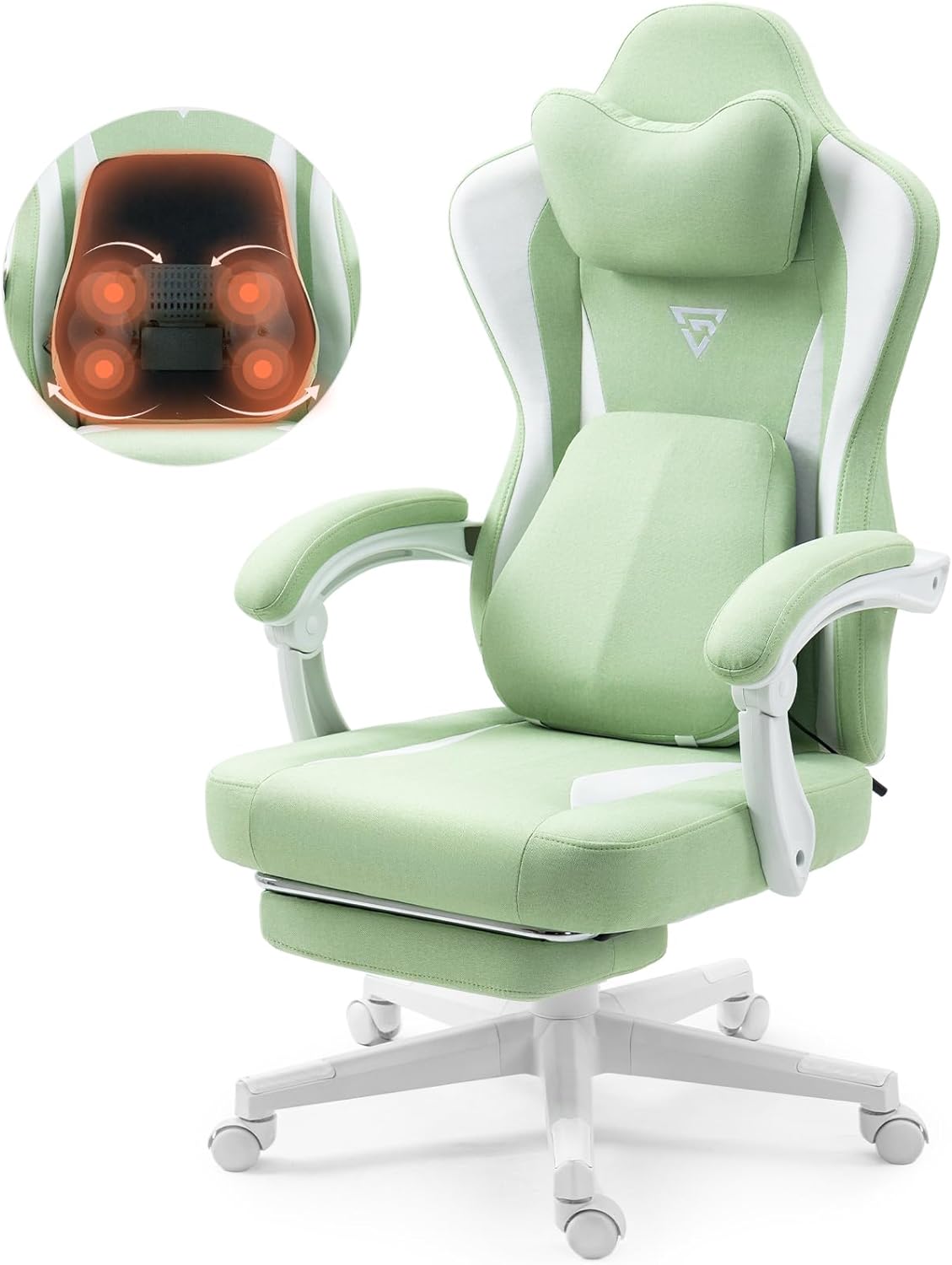 Vigosit Gaming Chair with Heated Massage Lumbar Support, Breathable Fabric Office Chair with Pocket Spring Cushion and Footrest, Recliner High Back PC Chair for Adult Green