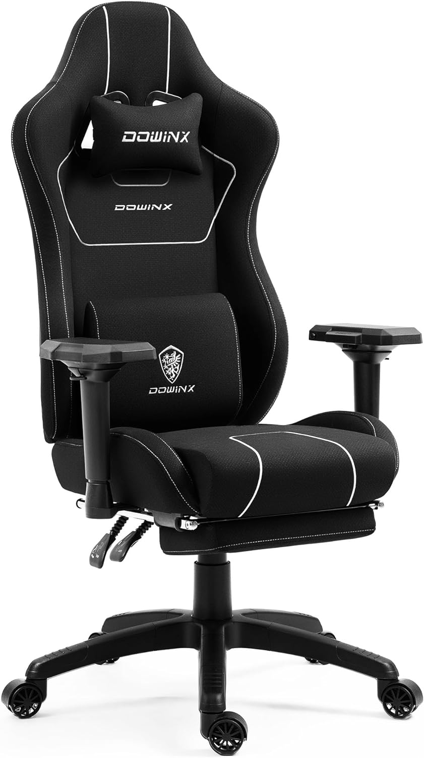 Dowinx Gaming Chair Tech Fabric with Pocket Spring Cushion, Ergonomic Computer Chair with Massage Lumbar Support and Footrest, Comfortable Reclining Game Office Chair 300lbs for Adult and Teen, Black