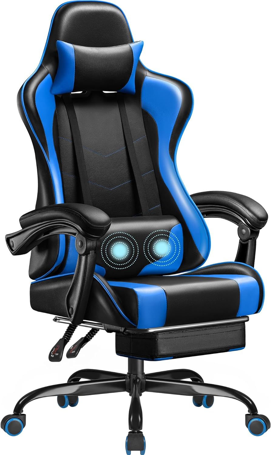 Homall Gaming Chair, Video Game Chair with Footrest and Massage Lumbar Support, Ergonomic Computer Chair Height Adjustable with Swivel Seat and Headrest (Blue)