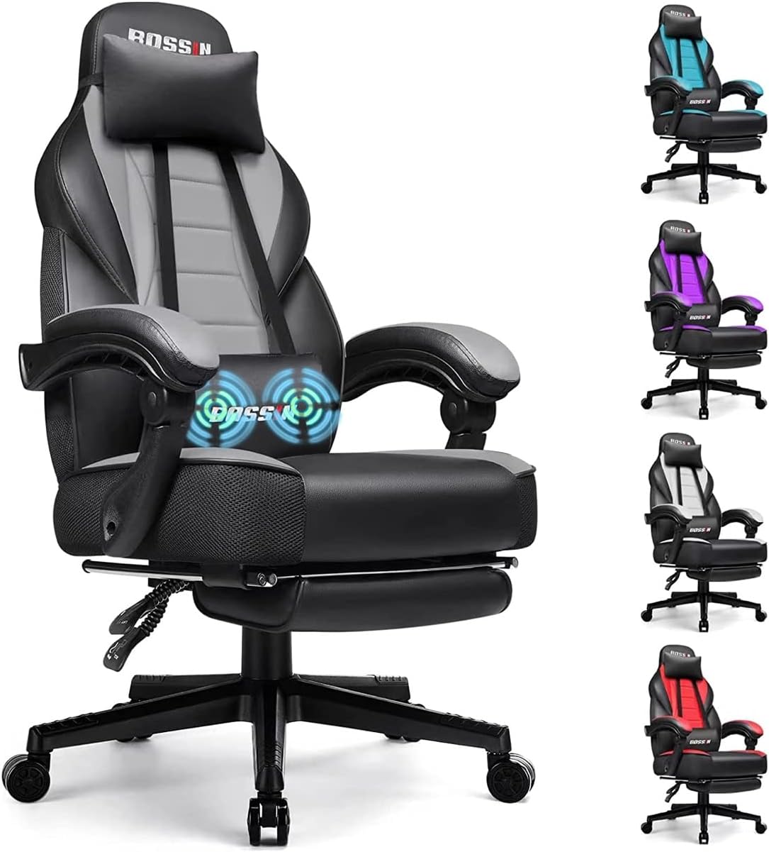 BOSSIN Gaming Chair with Massage, Ergonomic Heavy Duty Design with Footrest and Lumbar Support, Large Size Cushion High Back Office Chair, Big and Tall Gaming Computer Chair for Kids