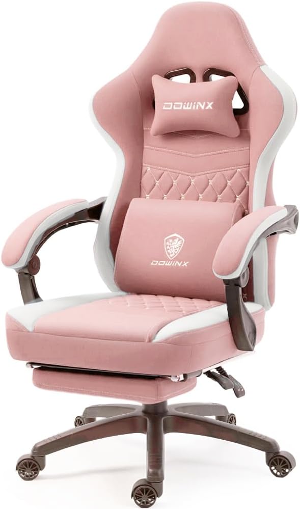 Dowinx Gaming Chair Breathable Fabric Computer Chair with Pocket Spring Cushion, Comfortable Office Chair with Gel Pad and Storage Bag,Massage Game Chair with Footrest,Pink