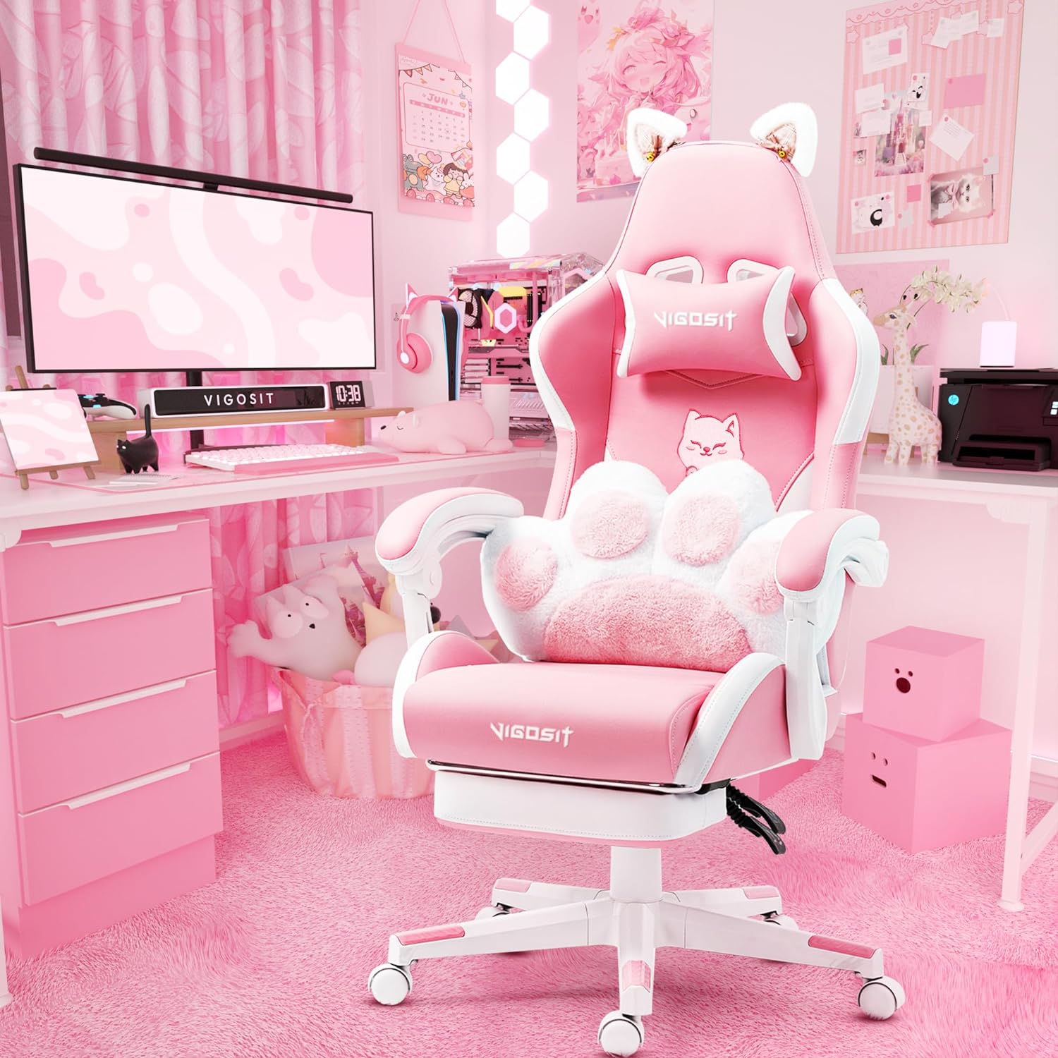 Vigosit Pink Gaming Chair with Cat Paw Lumbar Cushion and Cat Ears, Ergonomic Computer Chair with Footrest, Reclining PC Game Chair for Girl, Teen, Kids