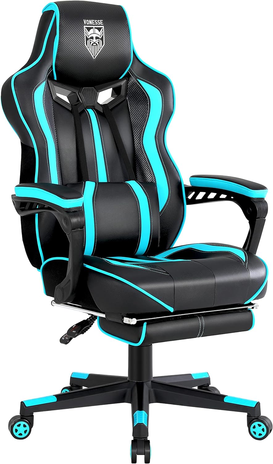 Vonesse Gaming Chair for Adults Gaming Chairs with Footrest Reclining Ergonomic Gamer Chair with Massage Computer Game Chair Big and Tall for Heavy People Gaming Chair Teal/Cyan