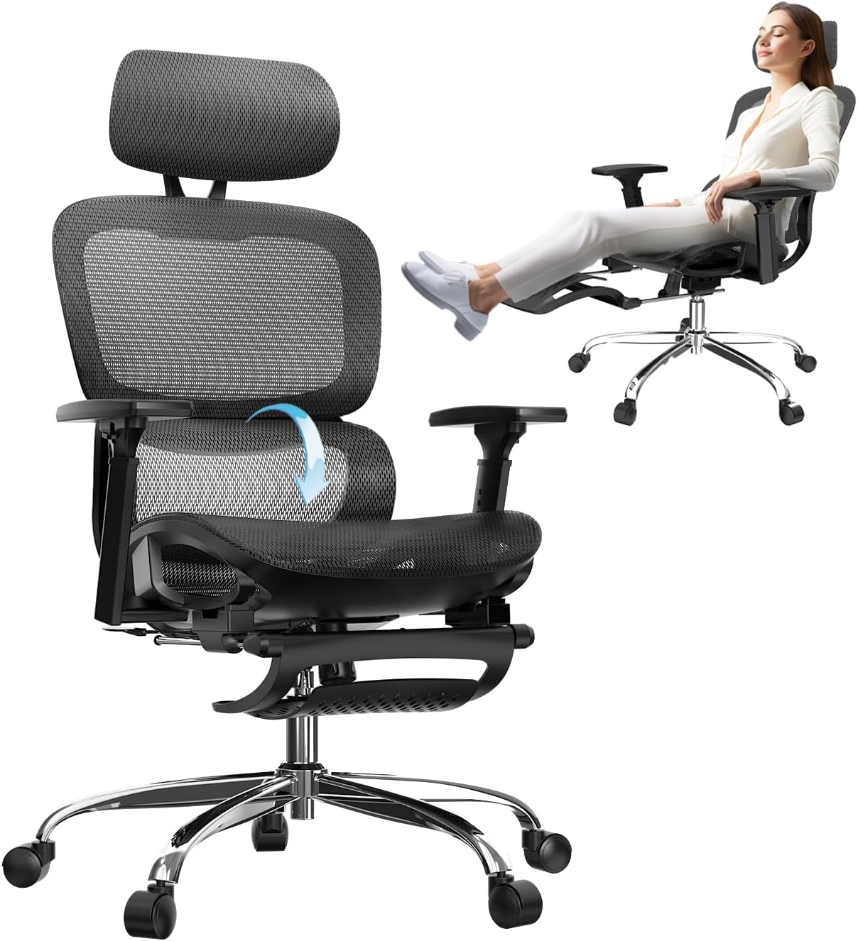 Ergonomic Office Chair, SGS Certified Gas Cylinder, Office Chair with Adjustable Lumbar Support and Seat Depth, Retractable Footrest, Mesh Office Chair Gaming Chair