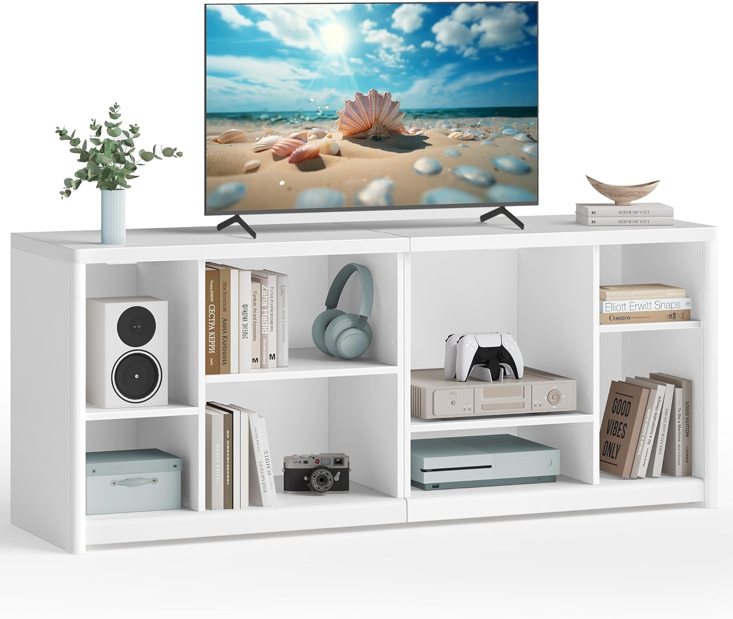 VASAGLE TV Stand for TVs up to 65 Inches, Entertainment Center with Storage Shelves, TV Console Table, Easy to Assemble, TV Cabinet for Living Room, Bedroom, Cloud White ULTV111W01