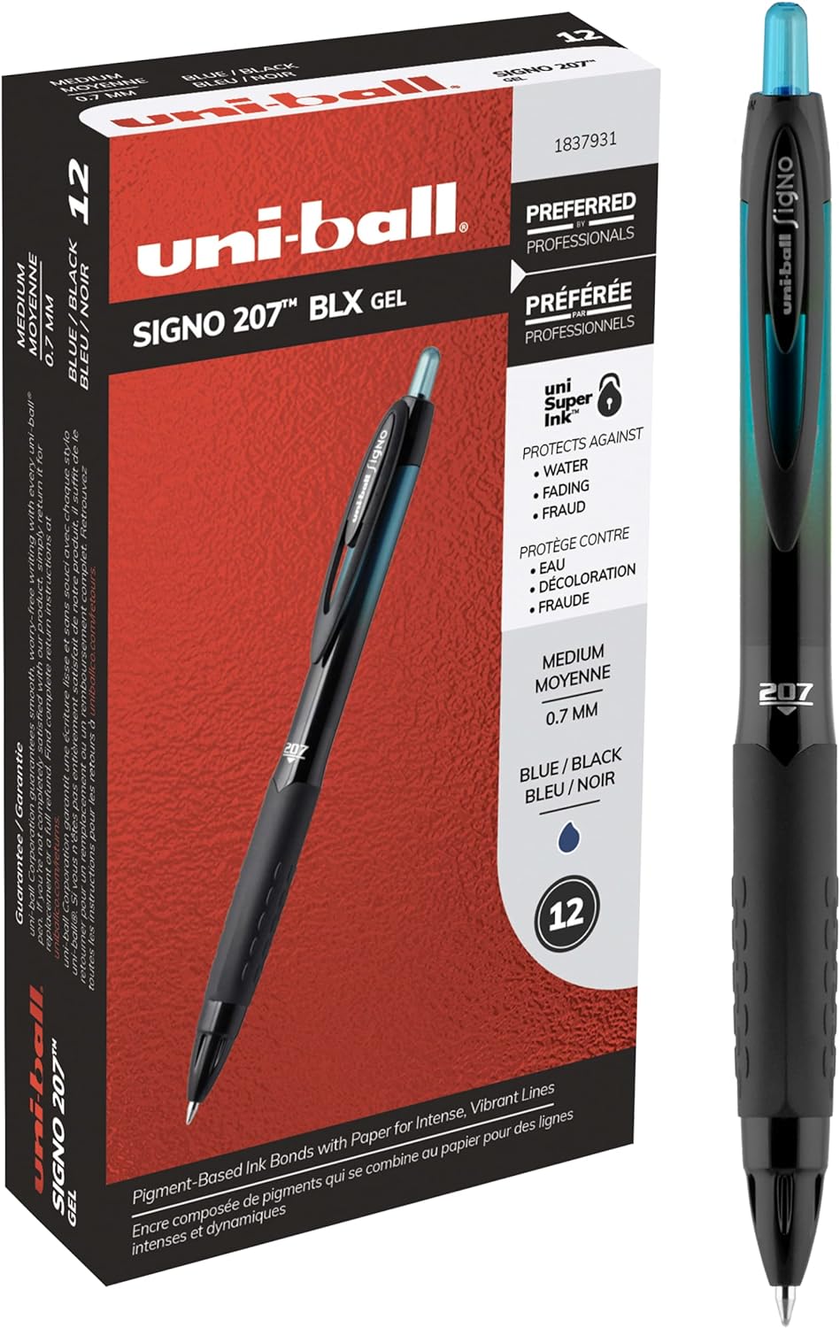 Uniball Signo 207 BLX Gel Pen 12 Pack, 0.7mm Medium Blue/Black Pens, Gel Ink Pens | Office Supplies, Pens, Ballpoint Pen, Colored Pens, Gel Pens, Fine Point, Smooth Writing Pens