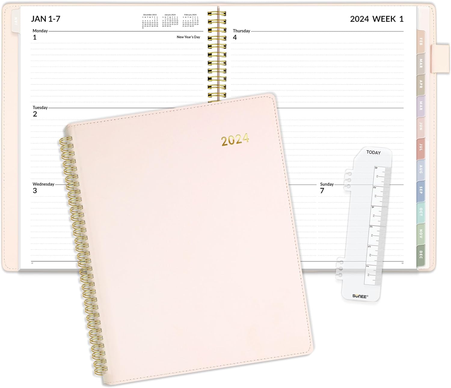 SUNEE 2024 Weekly & Monthly Planner 9.2x11.2- 12 Month (January 2024 - December 2024), Vegan Leather Cover, Pocket, Bookmark, Notes, Monthly Tab, Pink