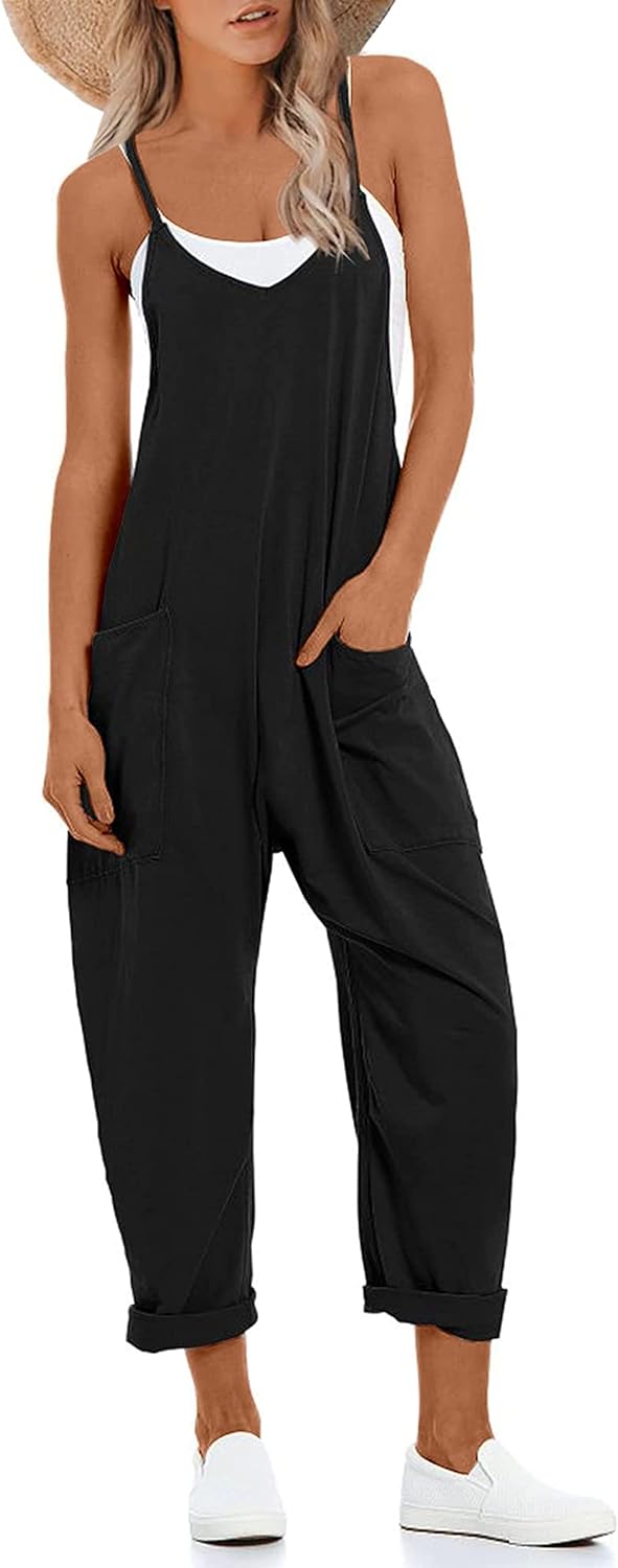 Yeokou Womens Harem Jumpsuits Black Baggy Overalls Cotton Linen Loose Fit Jumpers with Big Pockets